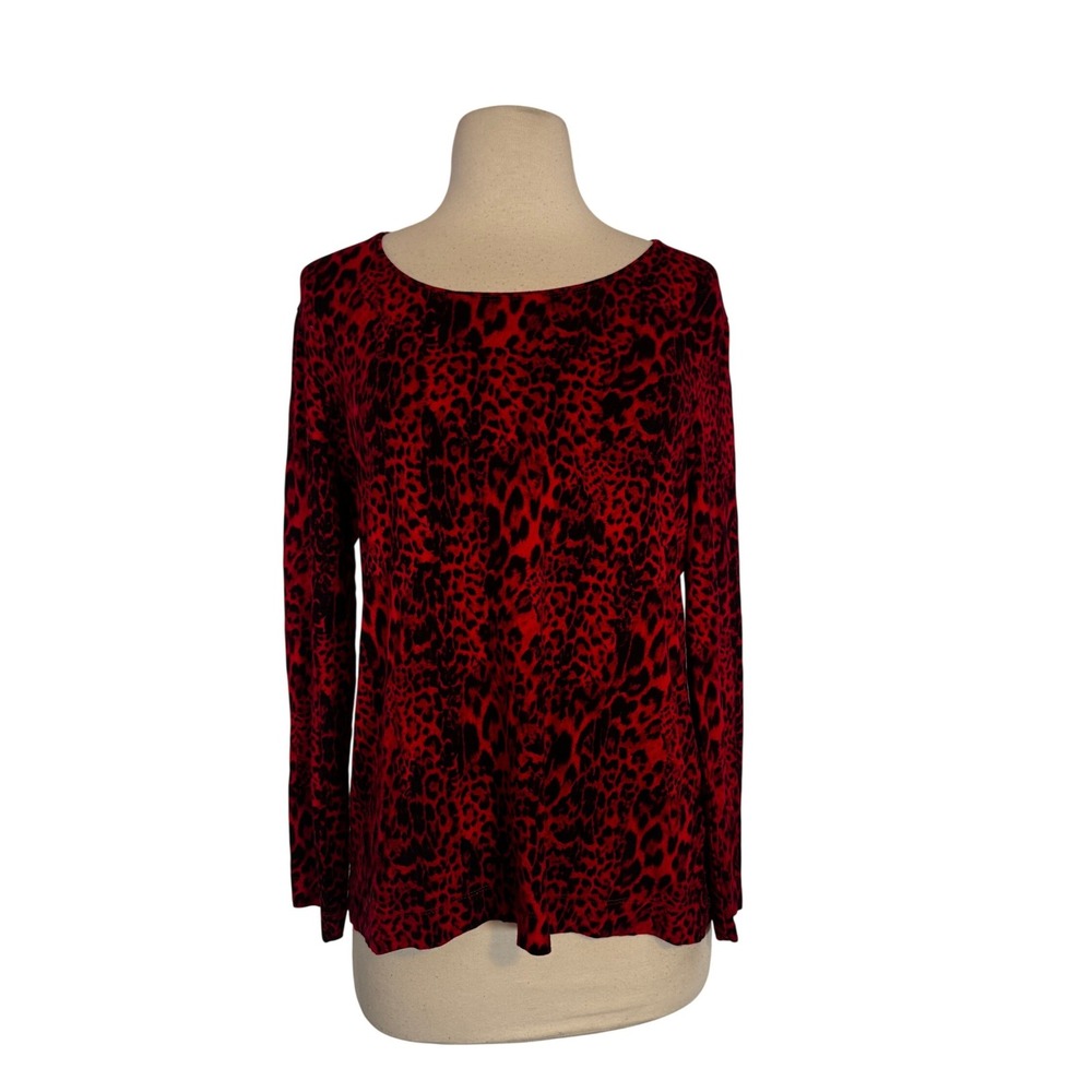 Chicos Red Black Leopard Animal Print Long Sleeve Scoop Neck Rayon Top Size 1